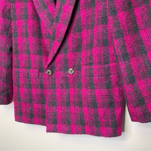 Vintage Pink Plaid Wool Blend Double Breasted Blazer Preppy Jacket No Size Tag - Picture 2 of 14